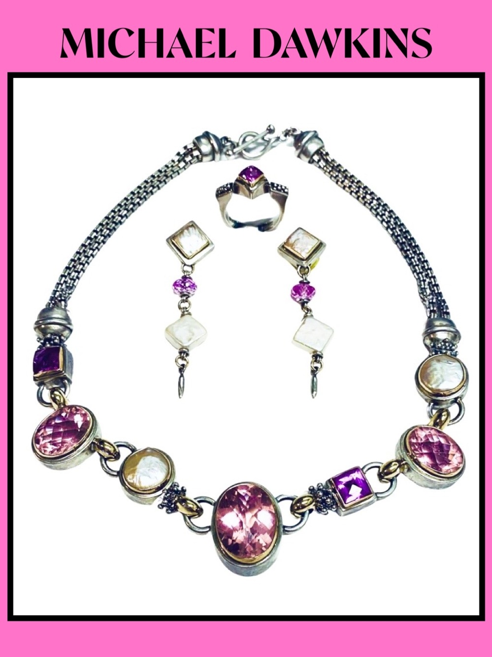 MICHAEL DAWKINS Necklace Earrings
Ring Pearl Pink Quartz Amethyst ,925 Silver